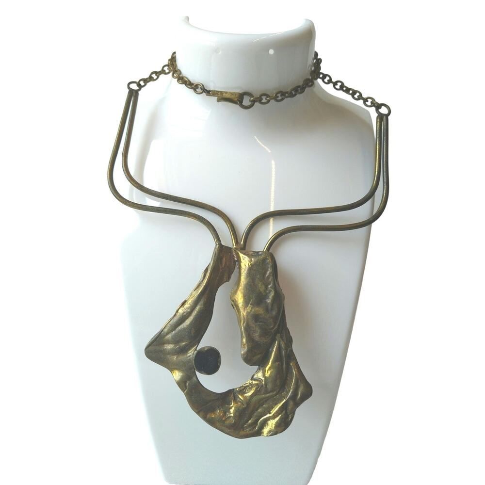 Vintage Joy D'Art Artisan Brutalist Brass Bib Statement Pendant Necklace Signed
